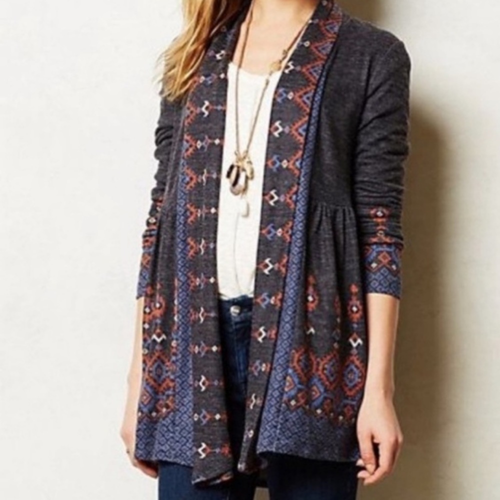 Anthropologie One September Aztec Pattern Gray and Blue Open Cardigan